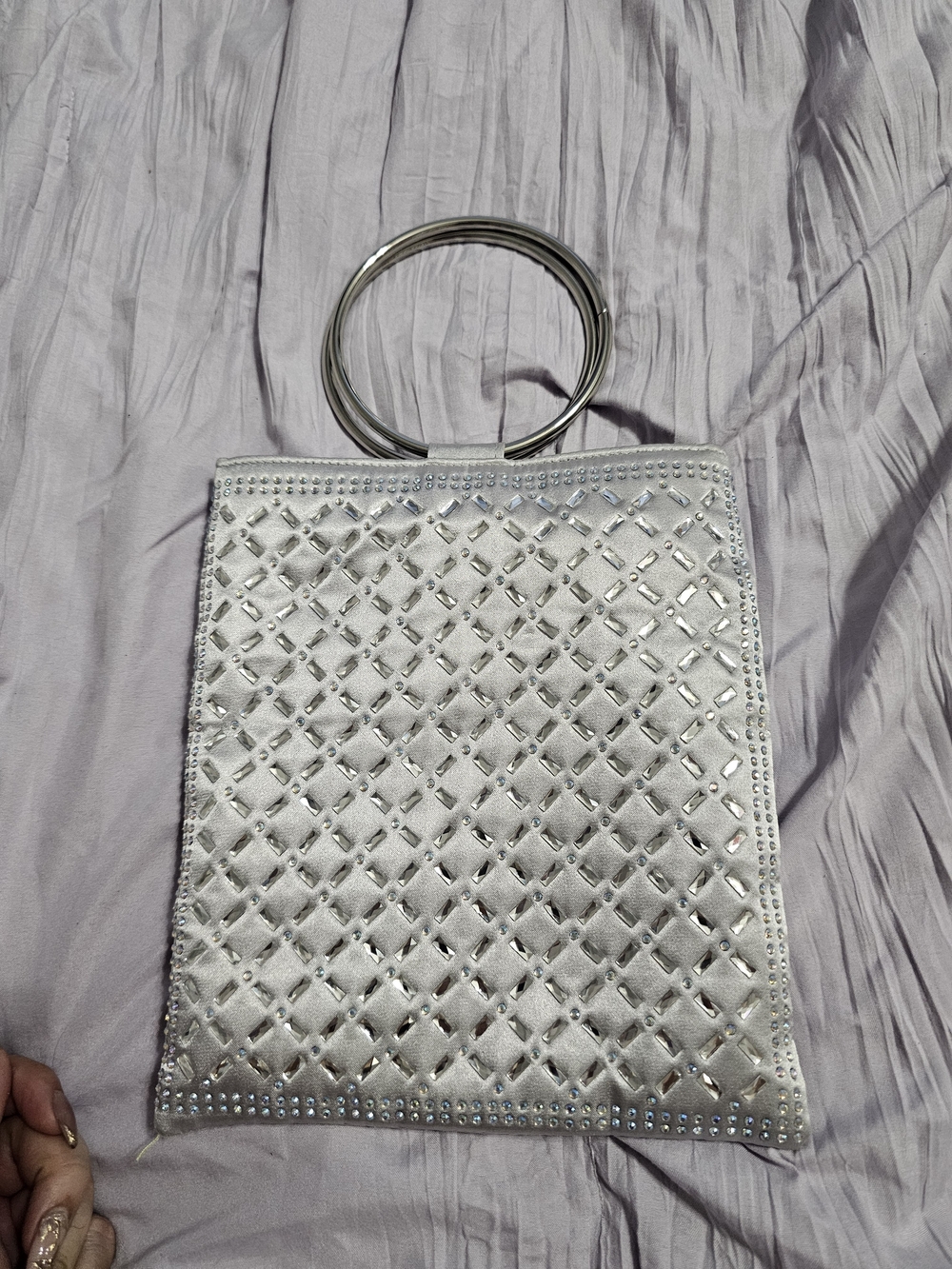 Silver Quilted Bedazzled Ring-Handle Women's Handbag With Chain Strap